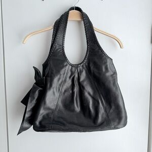 Talbots Leather Hobo Black Bow-Detail, Braided Handle Shoulder Bag